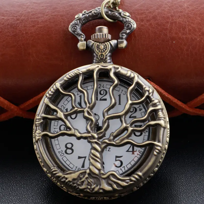 Steampunk Retro Bronze Hollow Tree of Life Quartz Pocket Watch With Fob Chain Women Watch Pendant Necklace Chain Men Gift CF1088 - Image 9