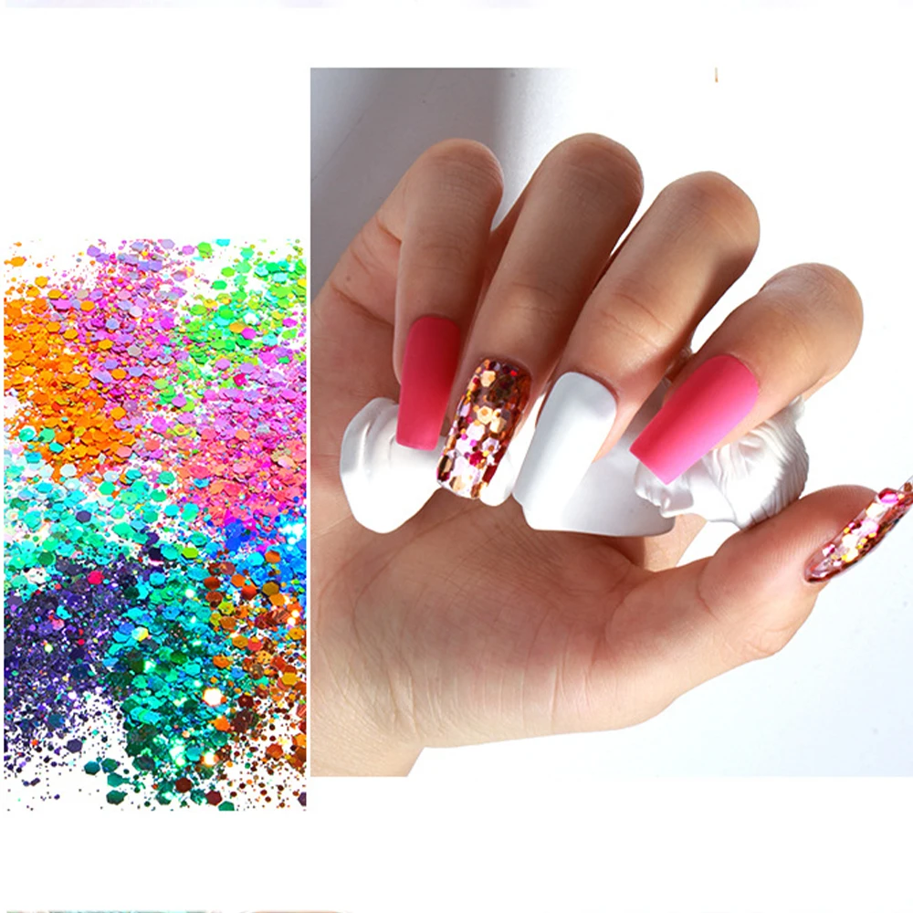 

100G/Bag Very thin Hexagon Discoloration Glitters Nail Tip Holographic Laser Sequins Powder DIY Chrome Powders Resin Crystal Mud