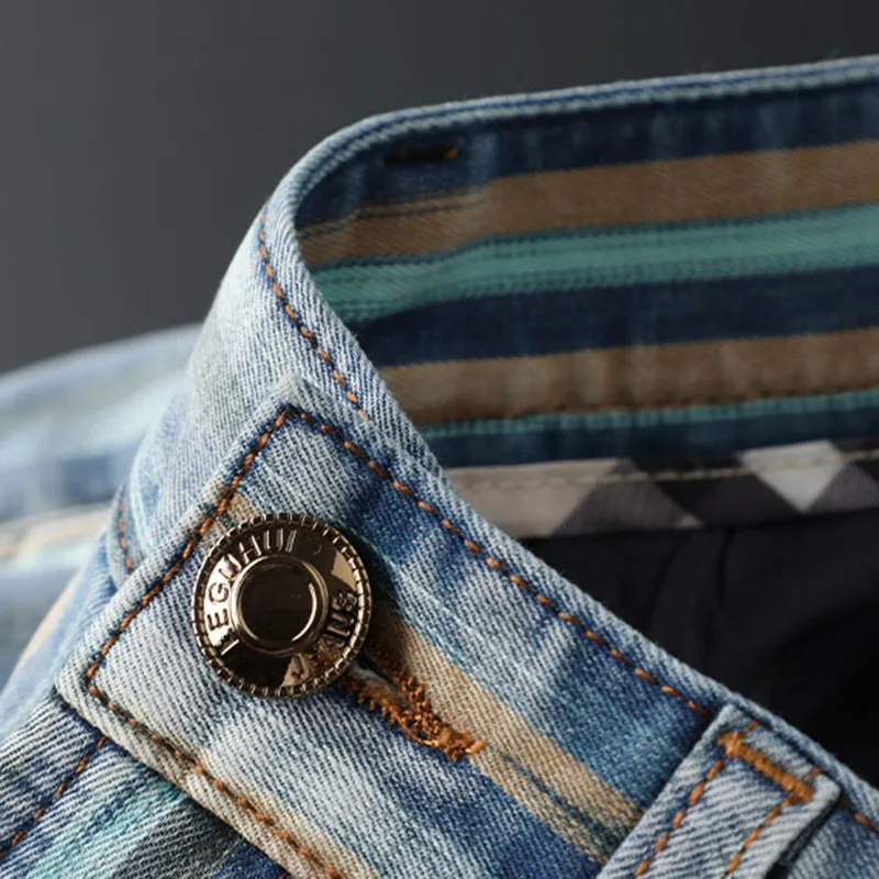 Fashionable men\'s blue personality color contrast striped jeans men slim stretch summer slim men\'s small straight leg pants