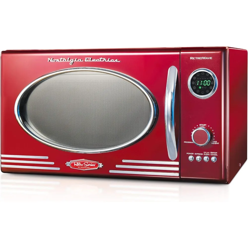 Retro Large 0.9 cu ft Countertop Microwave Oven, 12 Pre-Programmed Cooking Settings, Digital Clock,Metallic Red 2