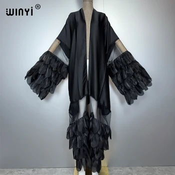 WINYI Catwalk sexy Kimono Women elegant coat Long Sleeve Cardigan abaya dubai luxury beachwear Cover Up dress holiday Caftan 1