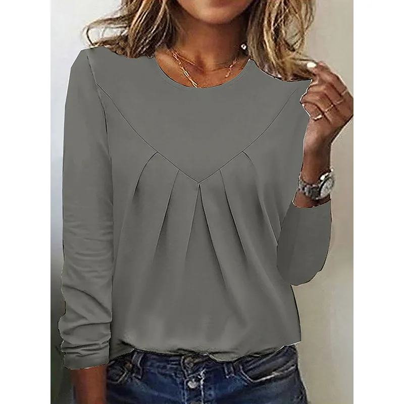 Women Ruffle Long Sleeve Solid Color Loose Pleated Tshirt