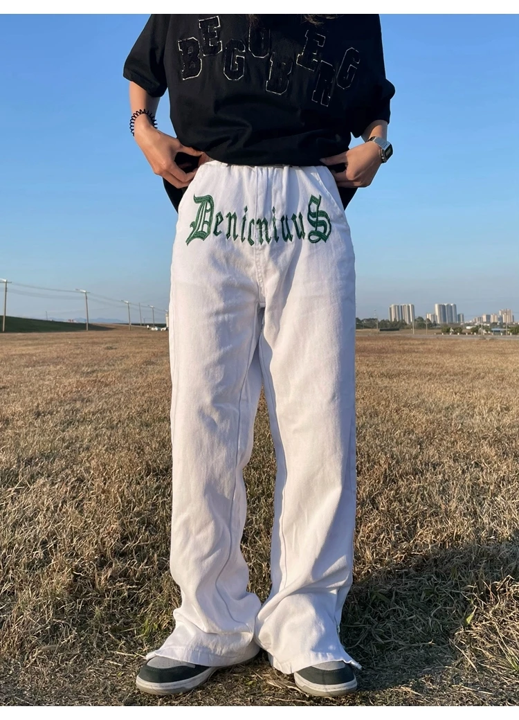 men's casual pants not jeans High Street Ankle Zipper Letter Embroidery Straight Casual Trousers Men and Women Ripped Washed Streetwear Loose Oversized Pants big and tall casual pants