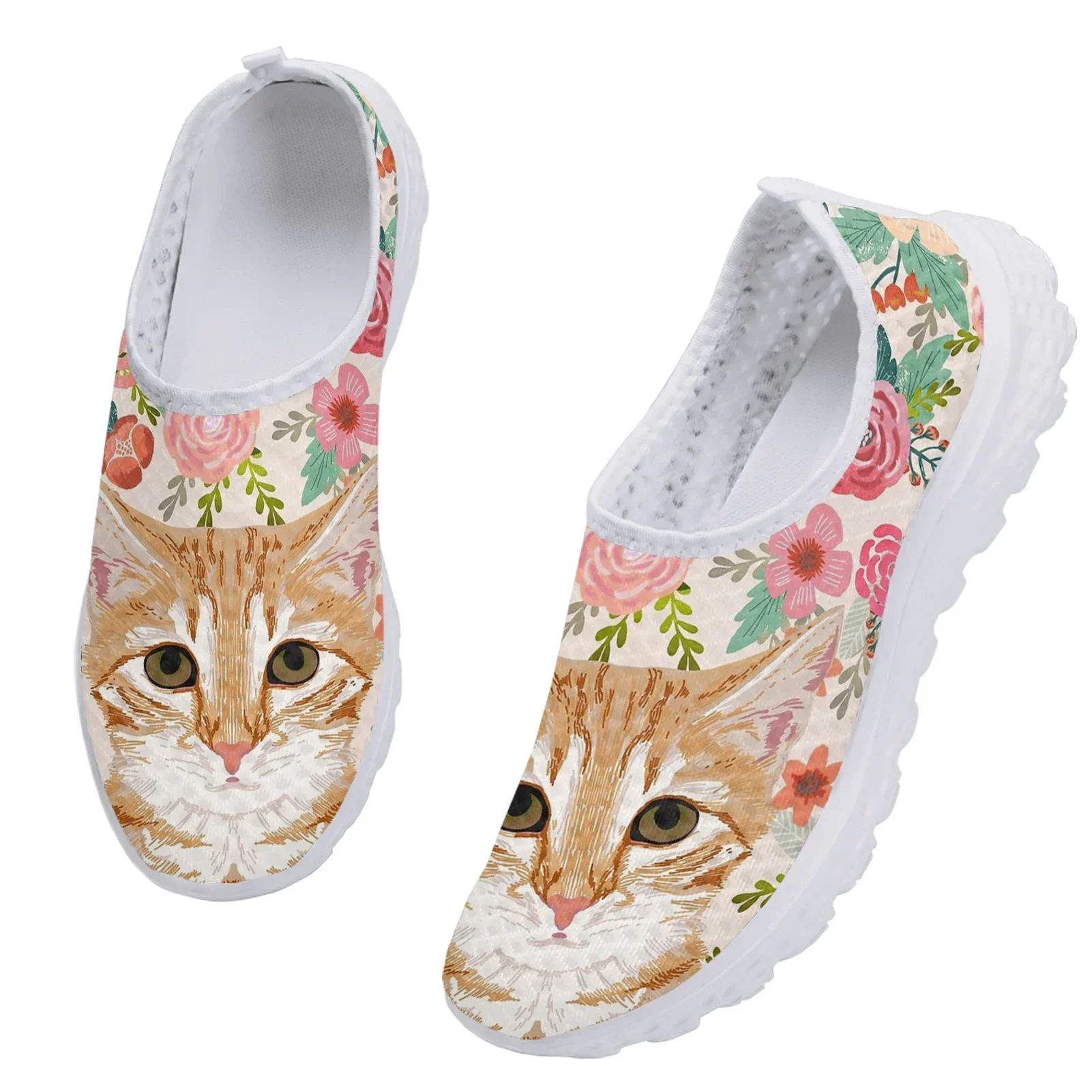 Cute Cartoon Orange Cat/kitten Hibiscus Print Summer Women's Shoes Comfortable Flat Loafers Soft Sole Slip On Shoes