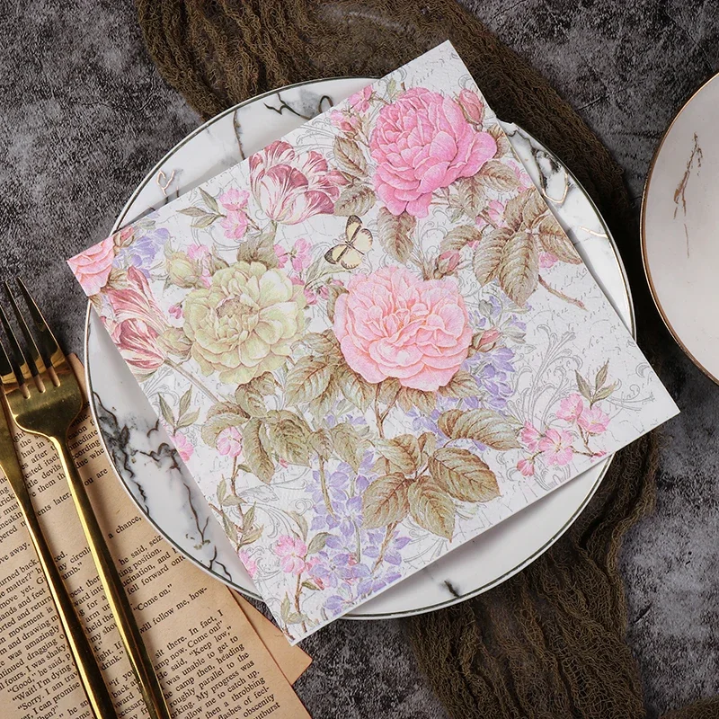 20pcs/Pac 33cm 2Ply Colorful Printed Napkin Pink Flower Square Butterfly Valley Bart Paper Wedding Pure Wood Pulp Paper Placemat paper napkins,disposable paper placemats