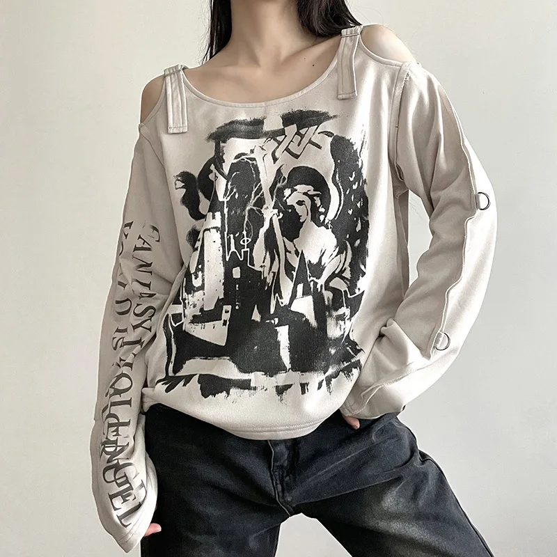 

Street-style Graffiti Print Double Off-shoulder Loose Sweatshirt for Women Girl Metal Button Top Autumn Y2k Woman Clothing Kpop