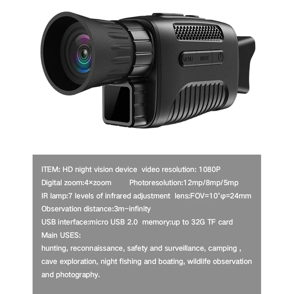 Dispositivo de visión nocturna NV1000, Monocular de visión nocturna Óptica  infrarroja, 9 idiomas, Zoom Digital 5X, reproducción de fotos y vídeo -  AliExpress