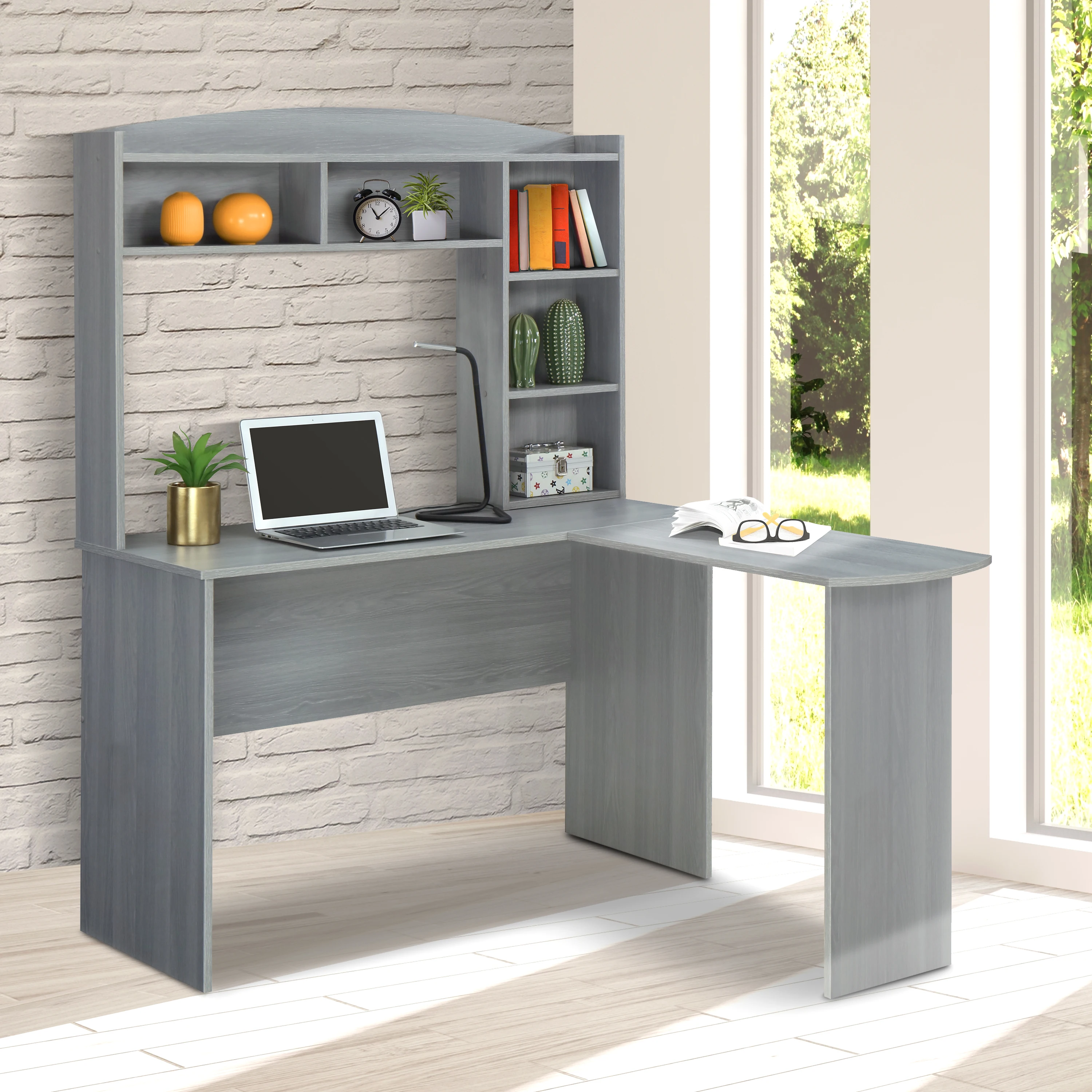 Modern Wood L-Shaped Computer Desk with Hutch Office Study Table Grey[US-W] outdoor large rabbit hutch brown and white 145x45x85 cm wood