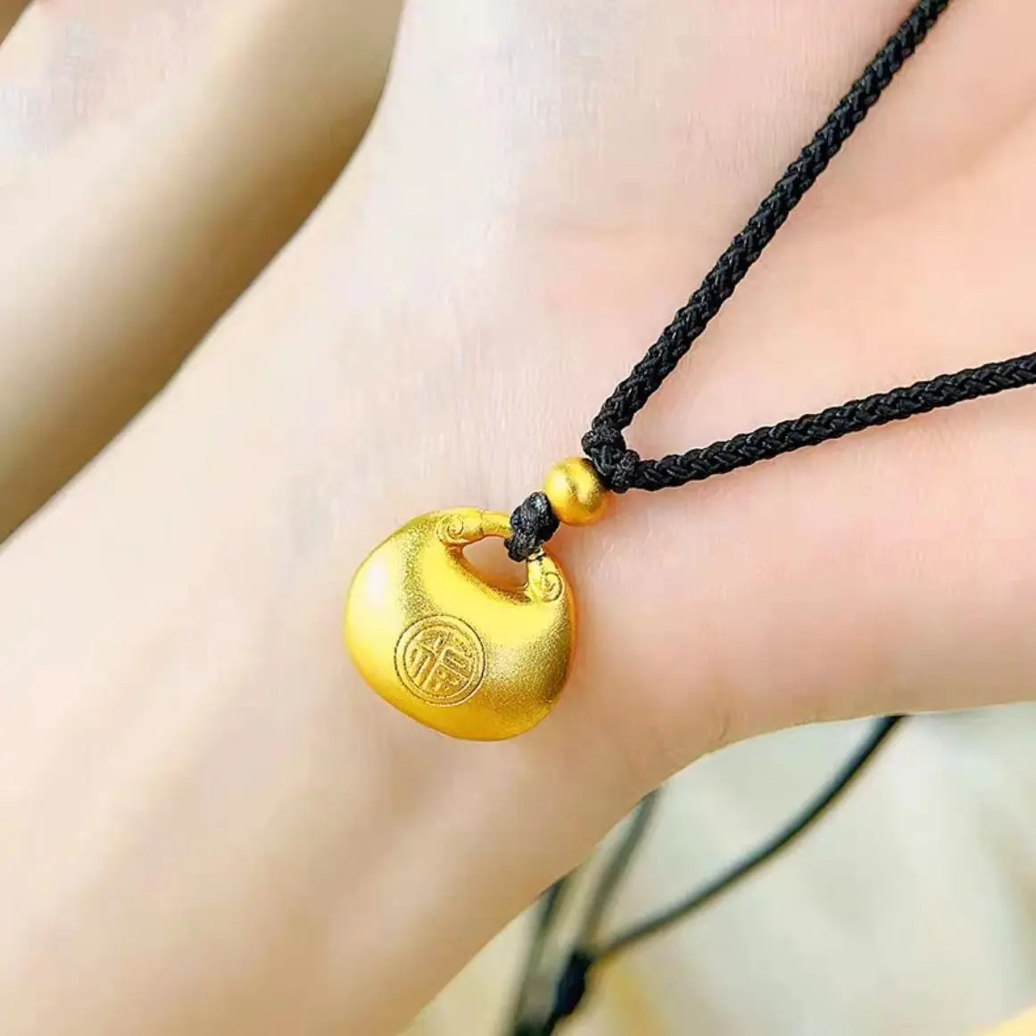 9999 real gold small fat Fu long life lock pendant 24K gold small lump pendant auspicious clouds Yuanbao lucky bag necklace