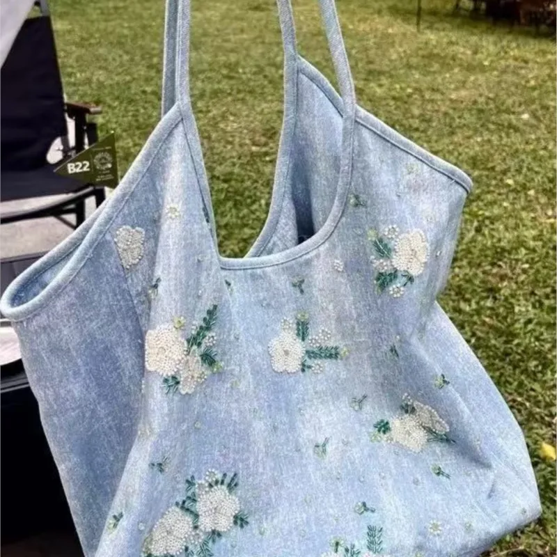 JIAERDI Floral Embroidery Blue Denim Handbag Women Fairy Core Aesthetic Y2k Shoulder Bags Female Large Capacity Underarm Bag