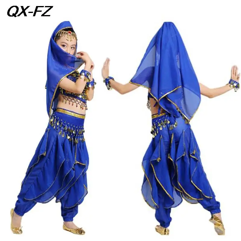 

4-Pieces Children's Indian Bollywood Dance Costume Set Sequin Top+Pants Girls Arabic Halloween Egypt Princess Dancing Outfit Set