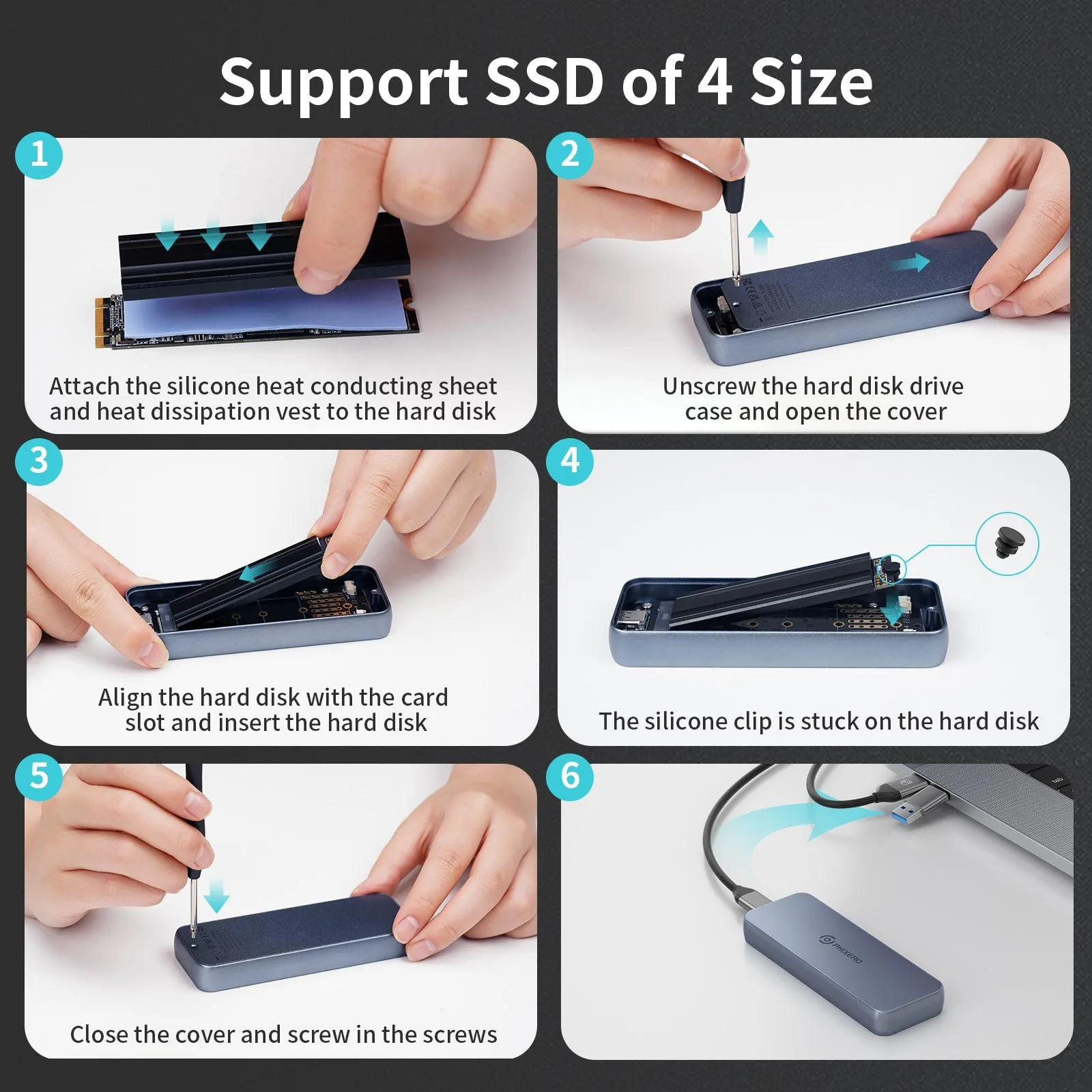 PHIXERO M.2 NVME SSD 20Gbps USB3.2 Enclosure with Built-in Cooling Vest Upgraded Aluminum Type-C M2 NVME Case SSD for MacBook PC