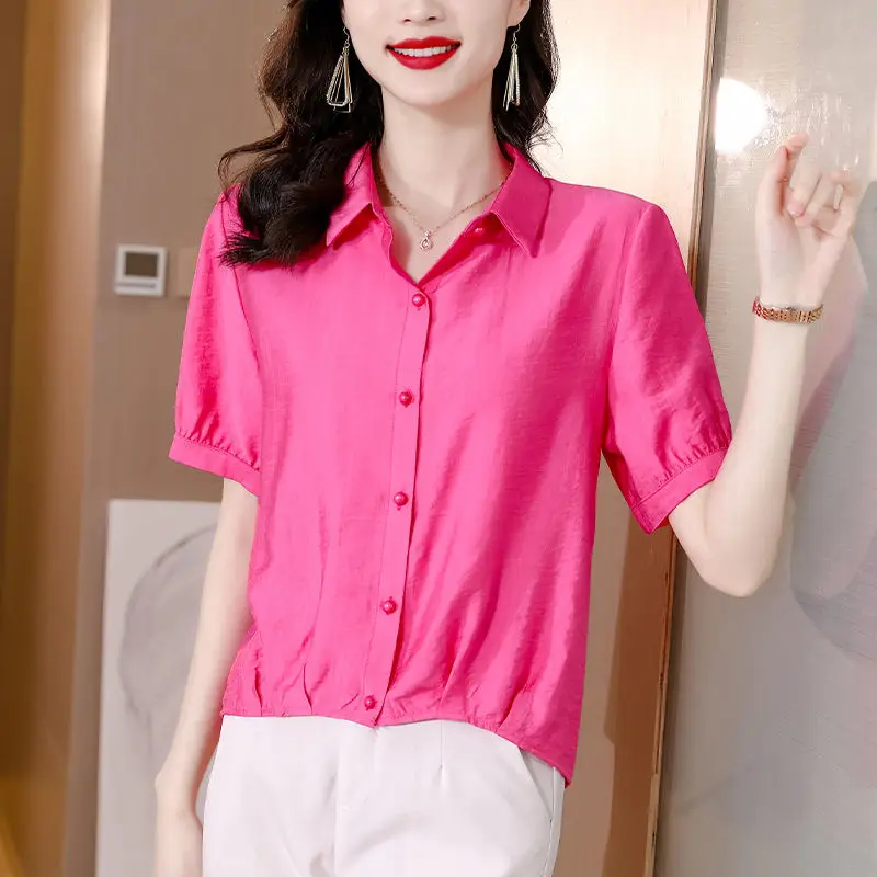 

Elegant Lapel Short Sleeve Folds Irregular Shirt Women's Clothing 2024 Summer New Oversized Casual Pullovers Loose Sweet Blouse