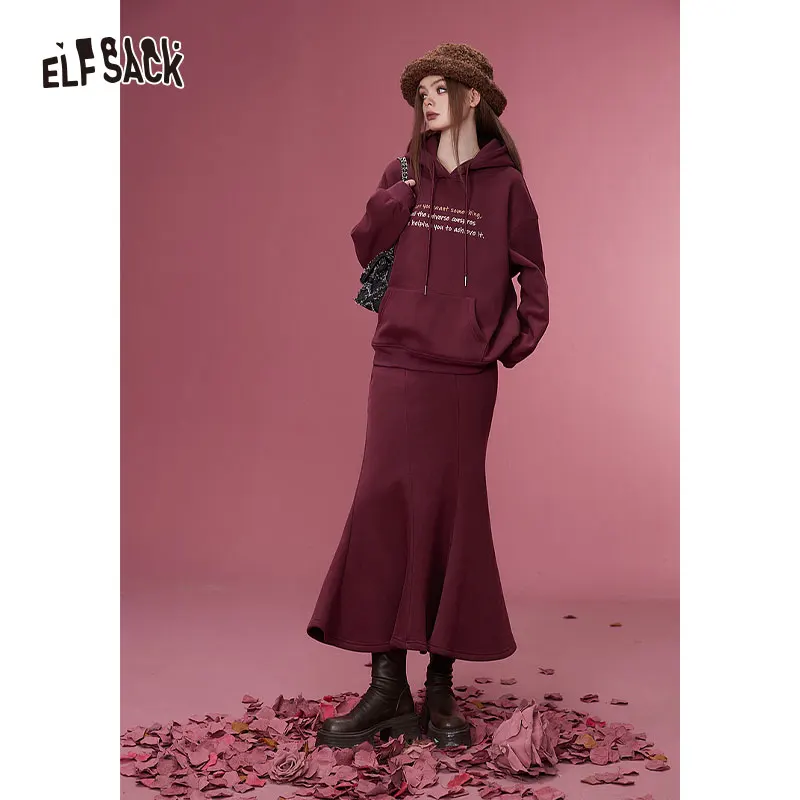 ELFSACK Korean Fashion Fleece Hoodies Dress Sets Women 2023 Winter New Plus Size Outfit