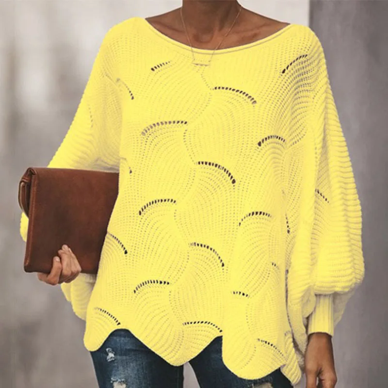 2023 Autumn Fashion Versatile Loose Round Neck Hollow Solid Casual Bat Sleeves Trendy Temperament Mid Length Knitted Women\'s Top
