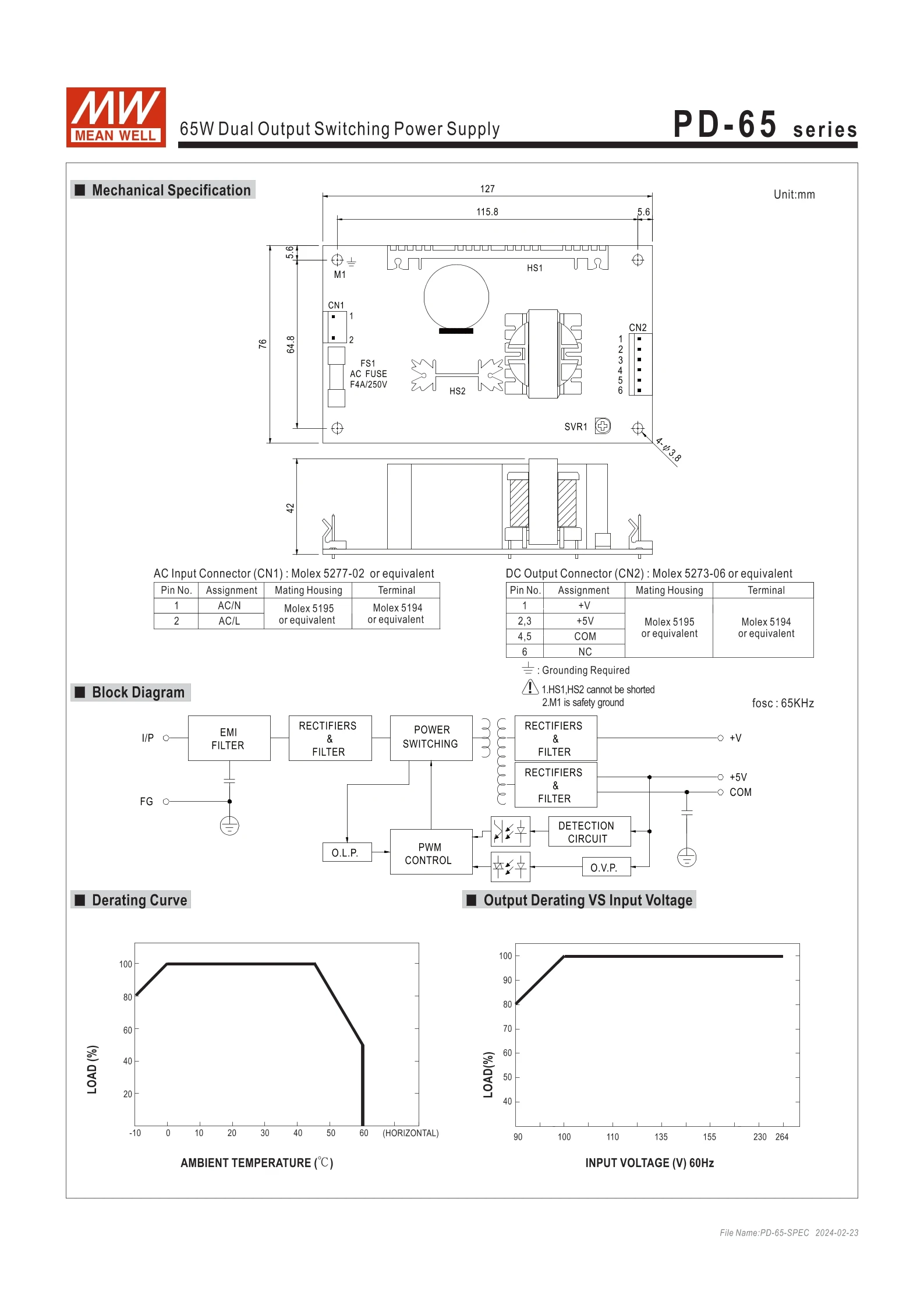 Description Picture 3 of itemMEAN WELL  65W Dual Output Switching Power Supply PD-65A | 5V12V  PD-65B | 5V24V
