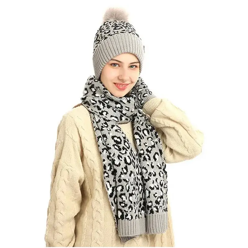 

Winter Hats Scarf With Gloves Cute Leopard Print Knit Warm Scarf Gloves Thick Warm Gloves Winter For Running Skiing Camping