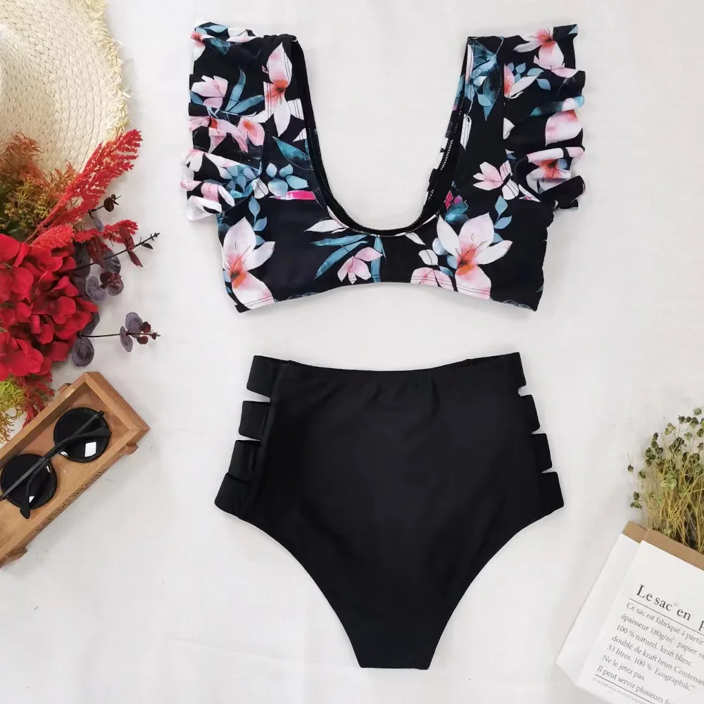 Sexy Bikinis 2023 New Double Shoulder Ruffle Bikini Set High Waist Swimwear Women Swimsuit V-Neck Bathing Suit Beach Wear Swim