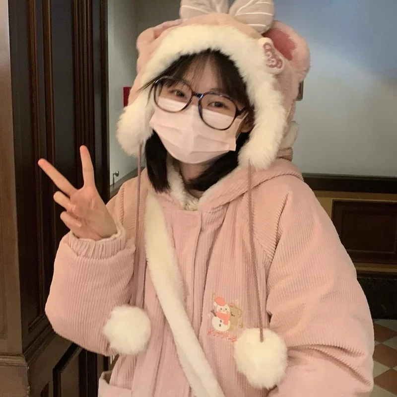 New Winter Cotton Jacket Women's Corduroy Jacket  New Thick Cute Embroidery Bear Snowman with Ears Hooded Cotton Jacket