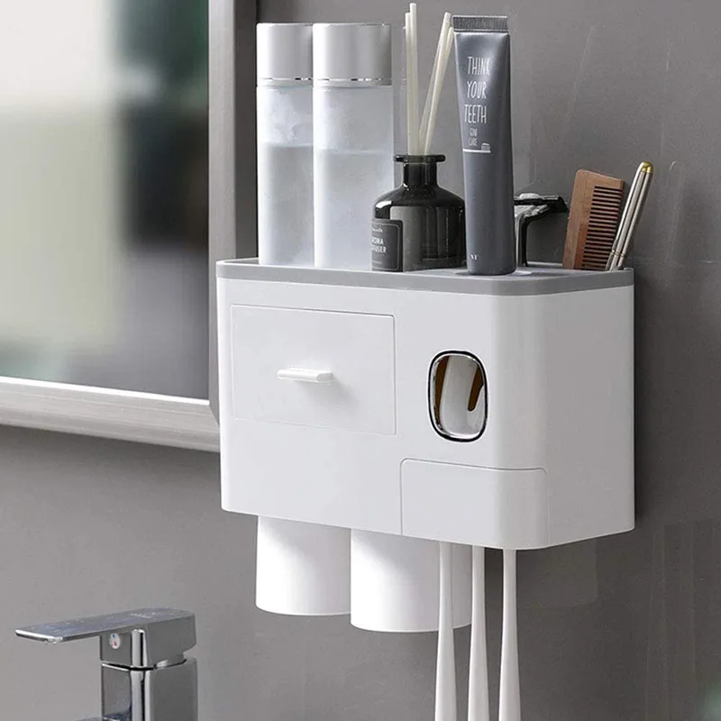 Bathroom Accessories Set Magnetic Adsorption Toothbrush Holder Automatic Toothpaste Dispenser with Cup Wall Mount Storage Rack bathroom accessories set