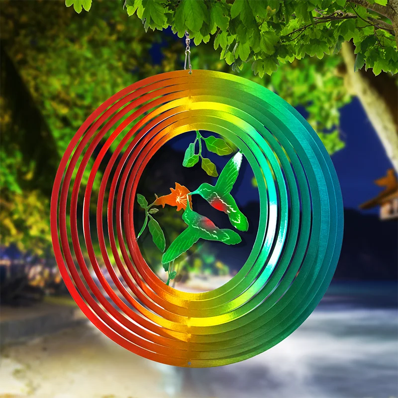 PSATHENATI Wind Spinner Outdoor 3DHanging Garden Decoration for Indoor Outdoor Rainbow Color Hummingbird Metal Wind Spinner 12in