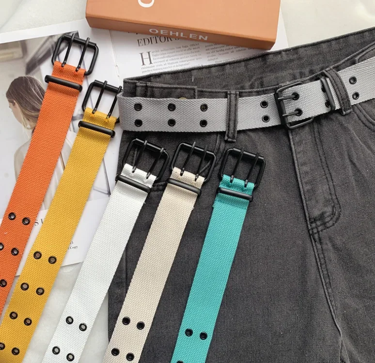 Fashion Contracted Style Double Grommet Hole Buckle Belt Wide Canvas Web Belt Female Male Waist Strap Belts for Women Men Jeans