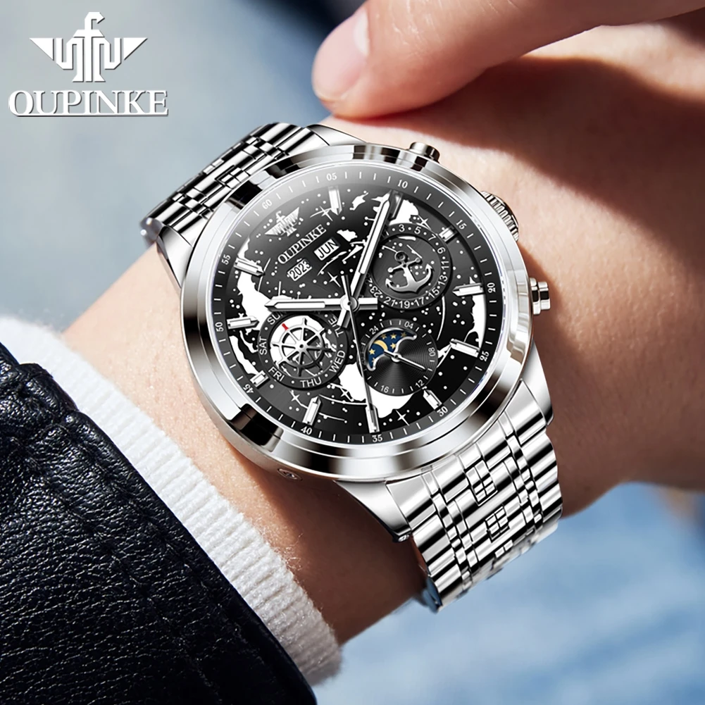 OUPINKE Luxury Watch for Men Automatic Mechanical Watches Moon Phase Sapphire Mirror Waterproof Men's Wristwatch 2023 Top Brand