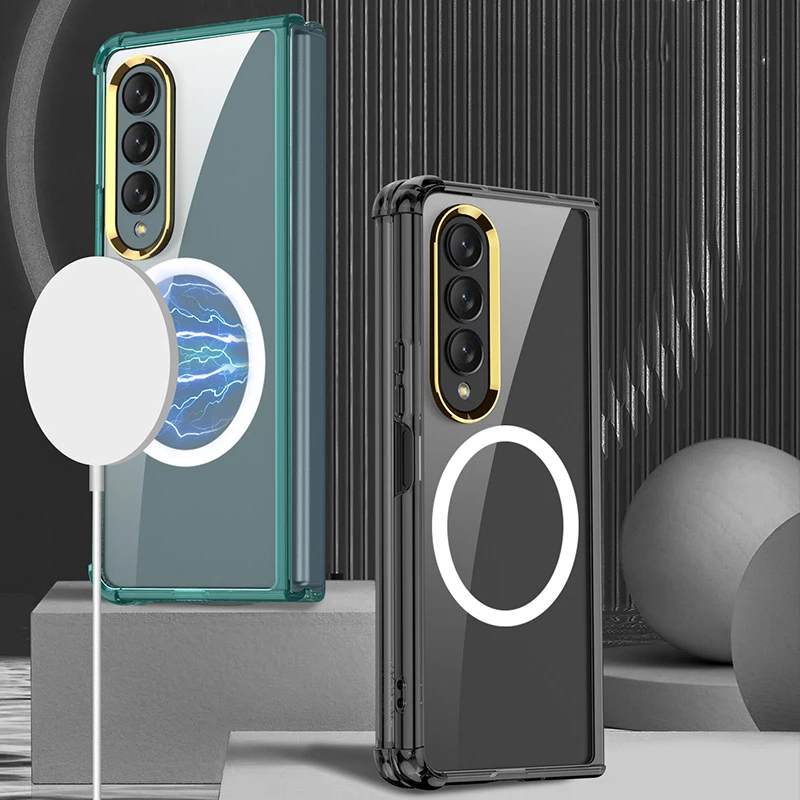 Transparent Magnetic Phone Case For Samsung Galaxy Z Fold 4 5G With HD Tempered Glass Fold4 Four Corners Anti-drop Back Cover