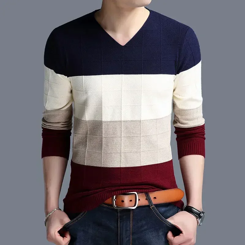 

Knitted Sweaters for Men Plaid Man Clothes V Neck Spliced T Shirt Pullovers Over Fit Knit Heated Sweatshirts Fashion 2023 Casual