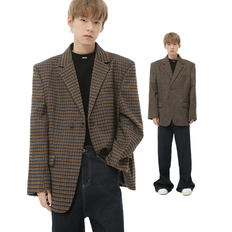 LEVIORTIN British Style Men's Blazers Vintage Double Breasted Plaid Design Casual New Autumn Loose Male Suit Jackets Trendy