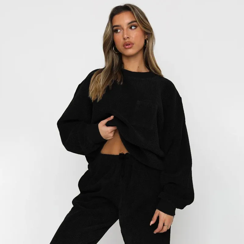 

Solid Color Round Color Sportwear Set Corduroy Top And Elastic Waist Pants Home Casual Warm Women Suit 2023 Autumn Pant Sets