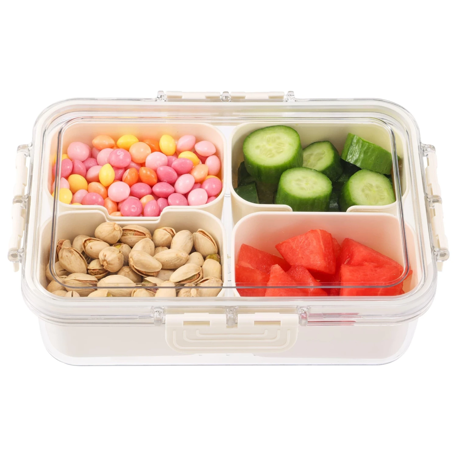 Multipurpose Plastic Food Container with Divided Sections-Reusable Square Snack Box with Flip-Top Closure for Candy, Vegetabl