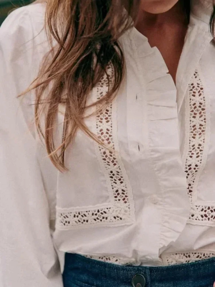 

Женская кружевная рубашка с воротником-стойкой, белая ажурная рубашка с оборками и длинным рукавом, весна 2024