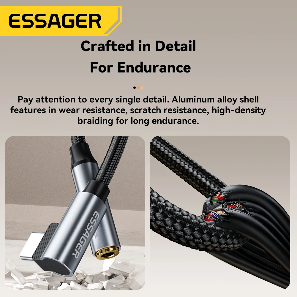 Essager L-shape Type-C to 3.5mm Jack Audio Cable for iPhone 16 15 Samsung Lightning to 3.5mm Headphone Adapter for iPhone14 13