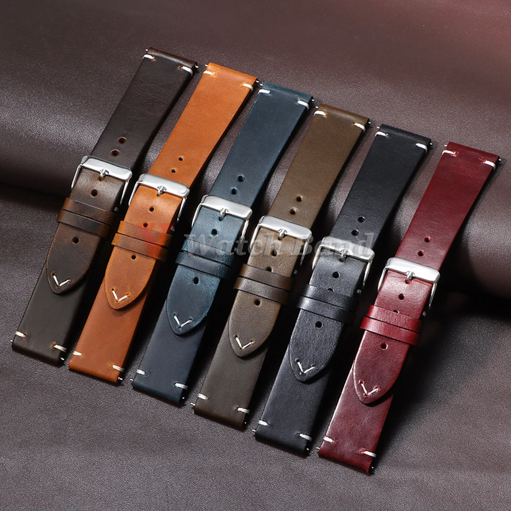 Vintage Brown Oil Wax Leather Watchband with Universal Stitching