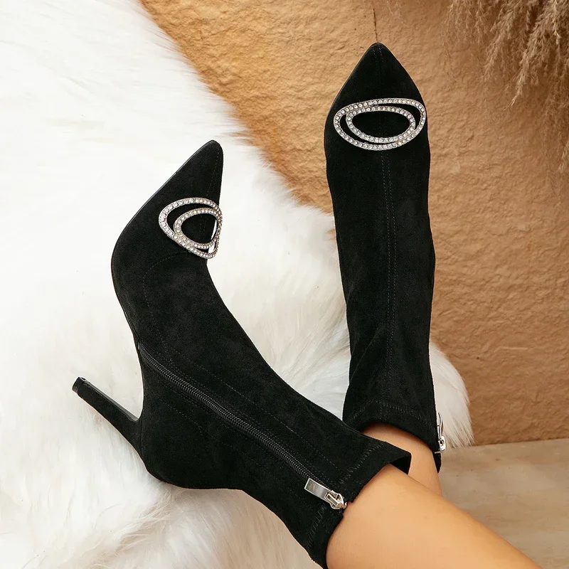 

Autumn Winter Crystal Woman Ankle Boots Fashion Zipper Thin High Heels Shoes Sexy Pointed Toe Party Prom Pumps Women Shoes