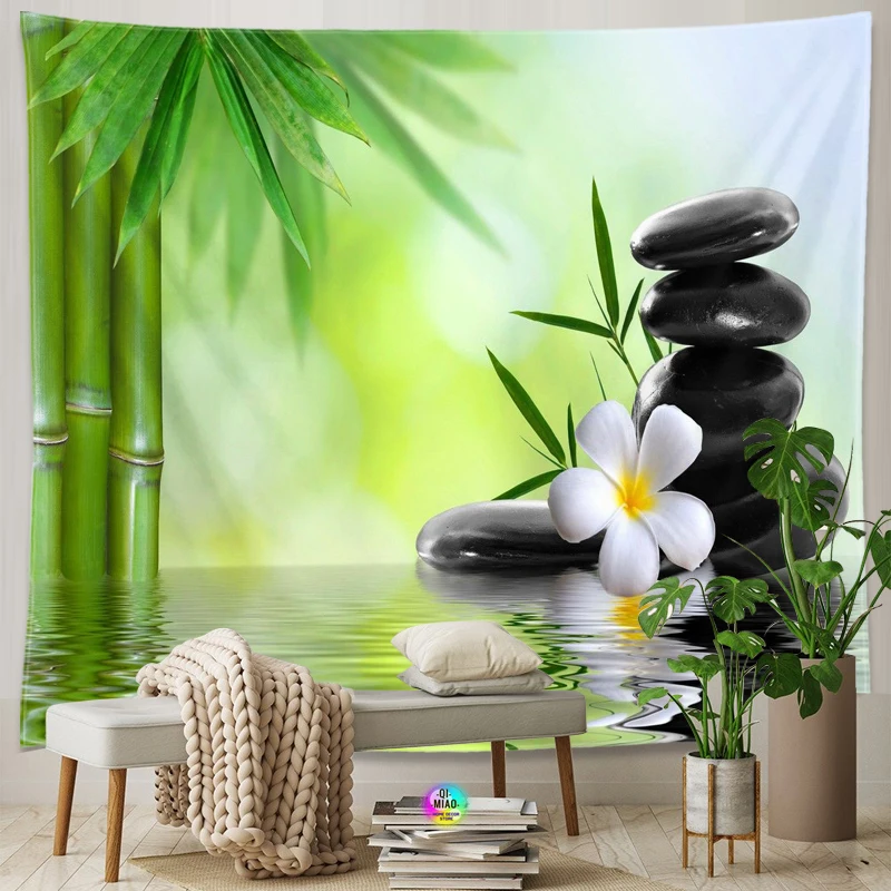 Zen Room Interior Decorative Bamboo Flowing Green Bamboo Buddha Meditation Spa Tapestry Green Wall Decoration Green Home Decor 5