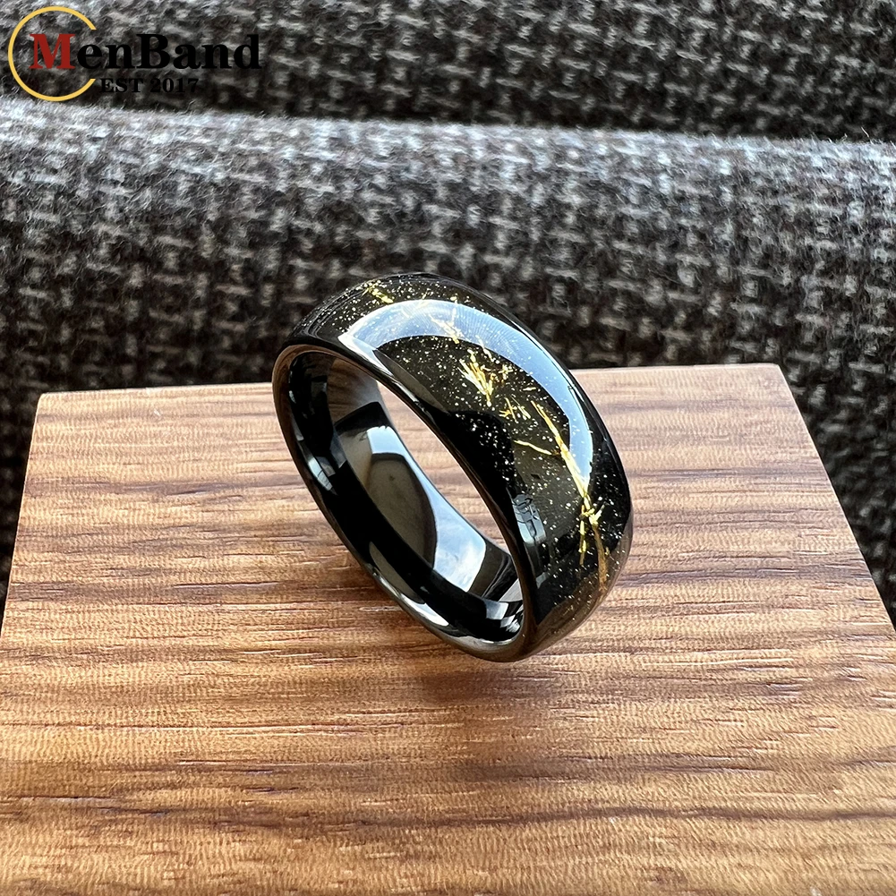 MenBand Jewelry Men's And Women's Tungsten Wedding Ring Domed Polished Black Sandblast Gold Foil Inlay Width 8mm Comfortable Fit