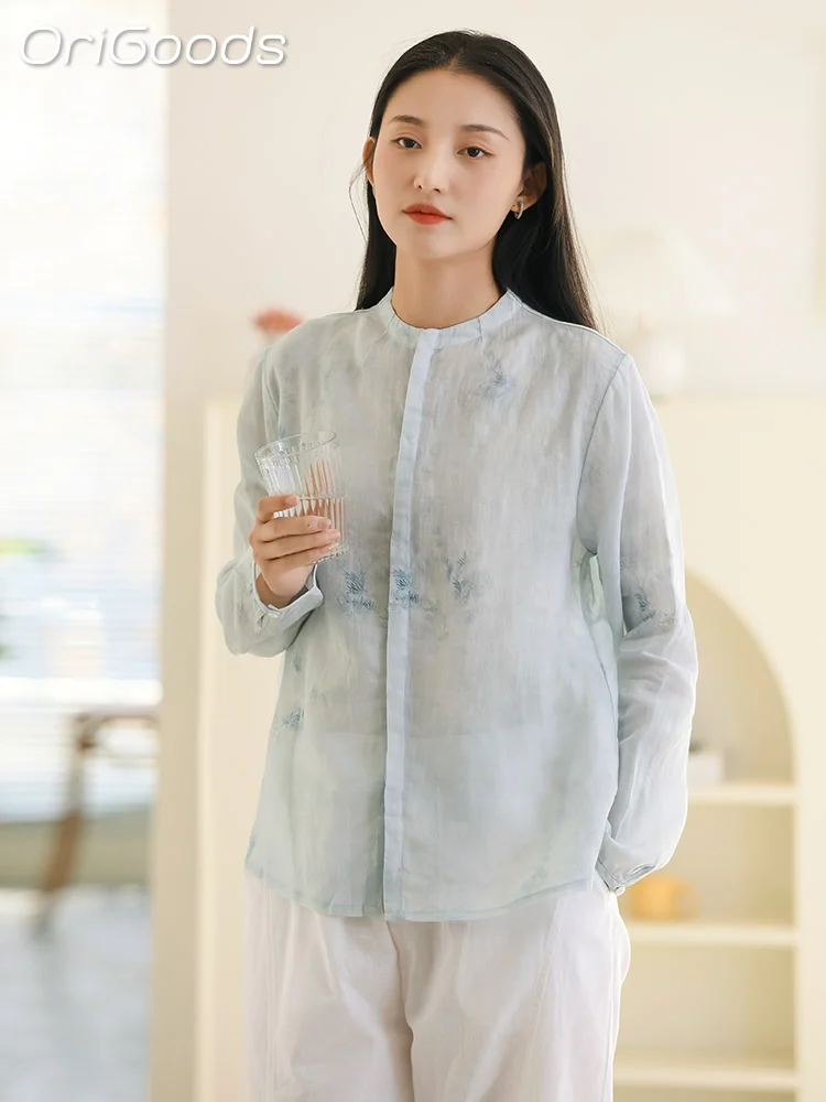 

OriGoods 2023 Summer New Women's Shirt 100% Ramie Long Sleeve Print Top Transparent Shirts for Women Korean Style Blouse Q045