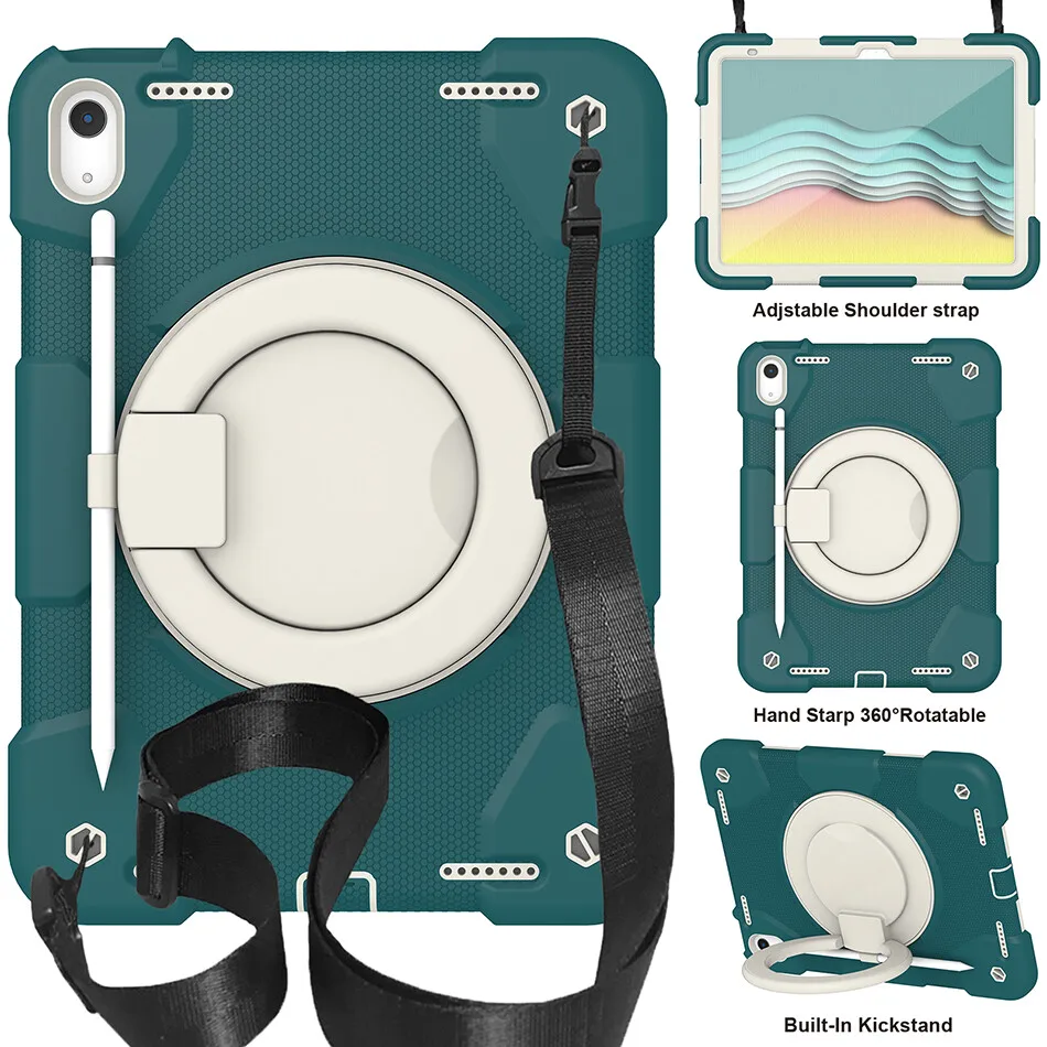 

Rugged Case for iPad 10th generation Shockproof Adult Kids Silicone Cover with 360 Rotation Handle Kickstand 2022 10.9" +Strap