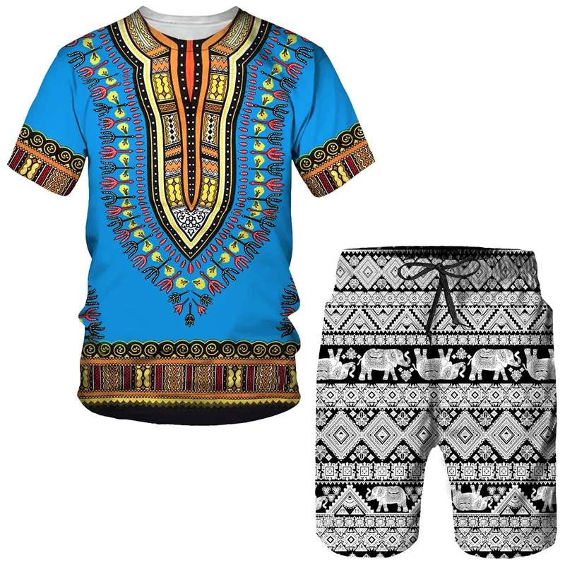 Summer 3D African Print Casual Dashiki Men Suits Couple Outfits Vintage Style T Shirts +Shorts Traditional Male Tracksuit Set