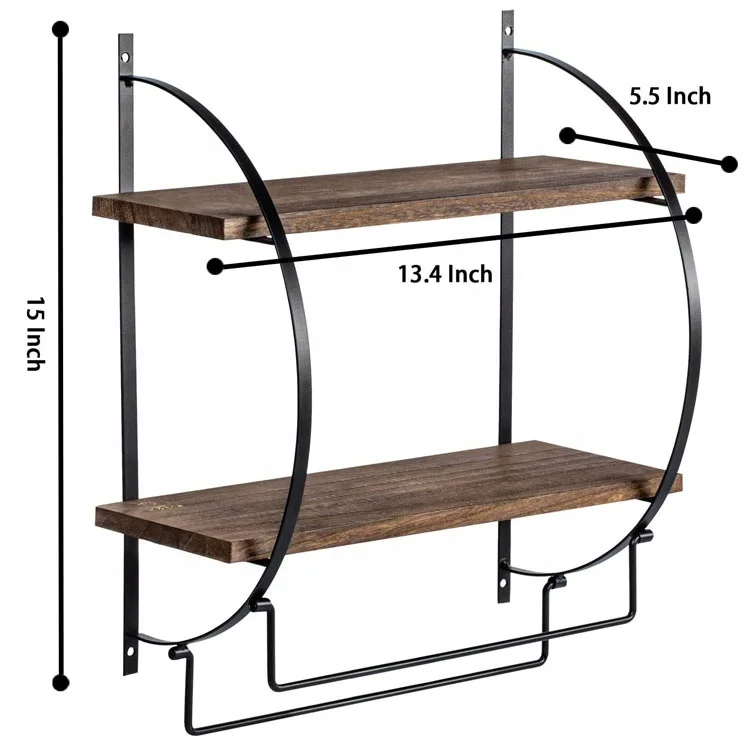 

2 Tier Wall Mounted Floating wood storage Wall Shelf with Towel Racks for Bathroom
