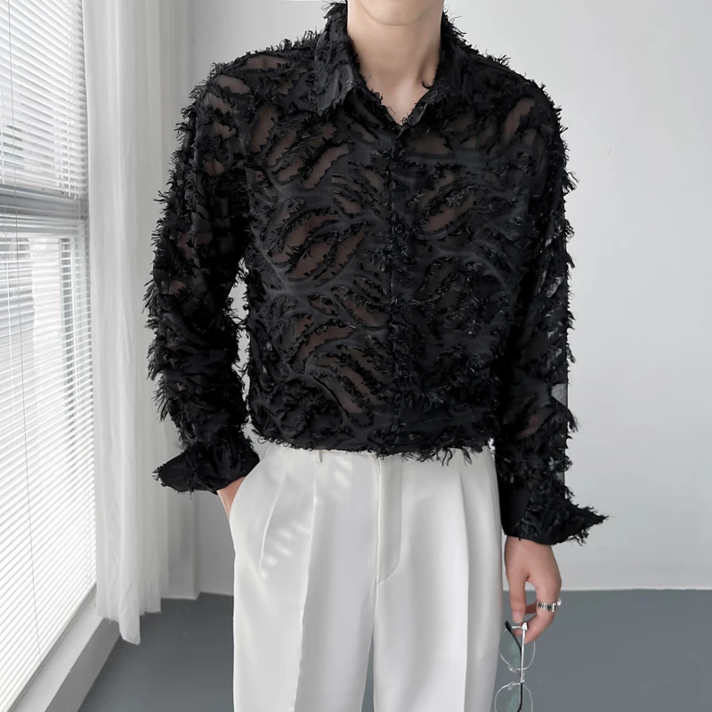 

Vintage See Through Men's Lace Dress Shirt Spring Autumn Long-Sleeve Thin Tassel Shirts for Men Party Prom Club Sexy Blouses Man