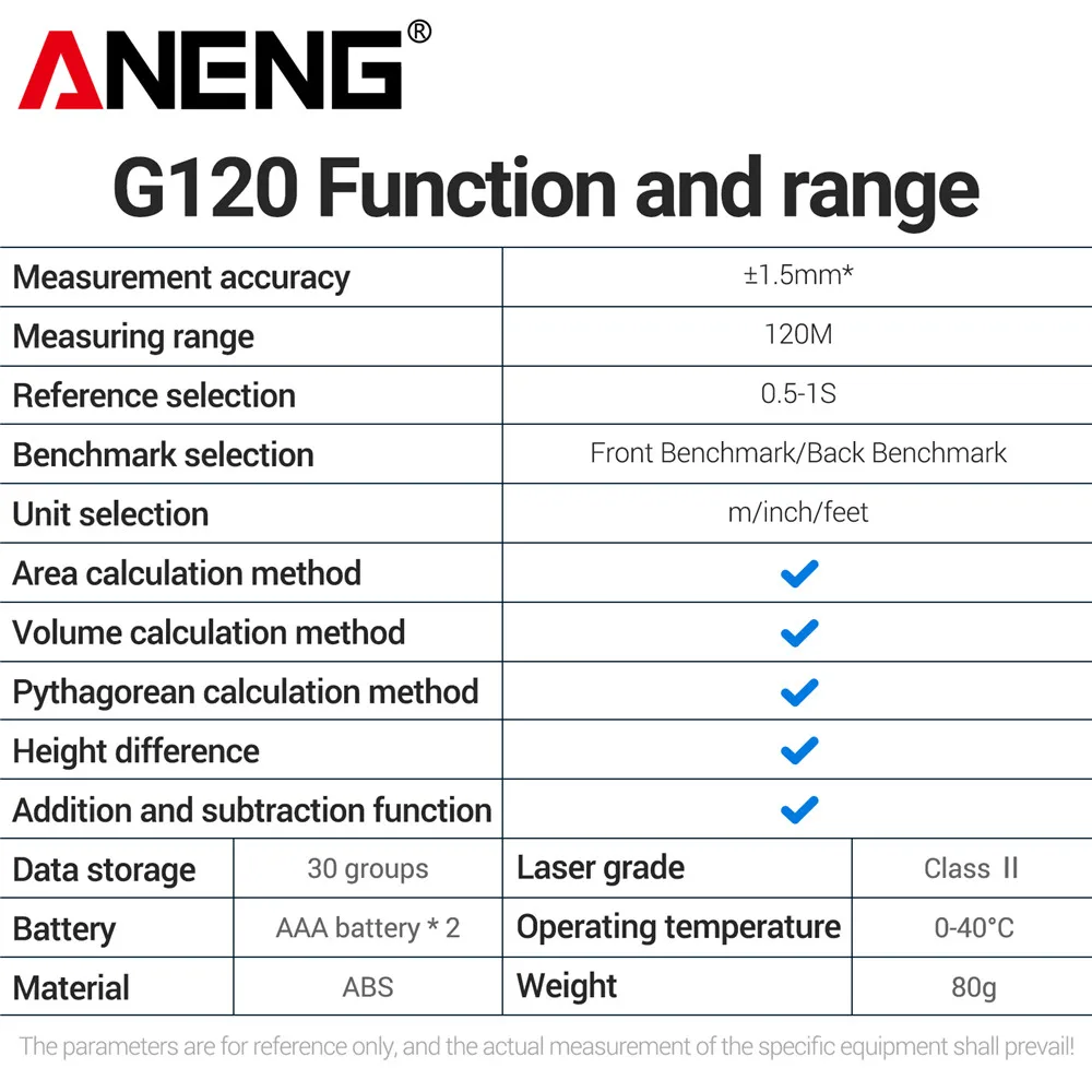 ANENG G120 Digital Laser Rangefinder 120M Measuring Room Laser Electronic Ruler High Precision Laser Tape Measure