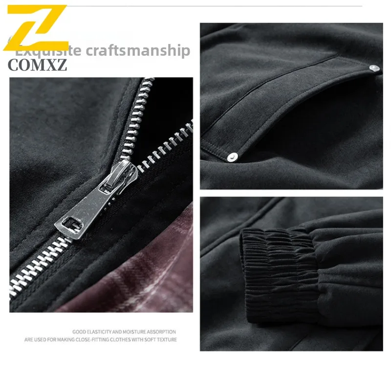 EIAO Suede Hooded Jacket Vintage Plaid Shirt Collar Two-Layer Design Spring Couple Windbreaker Streetwear Oversized Outerwear