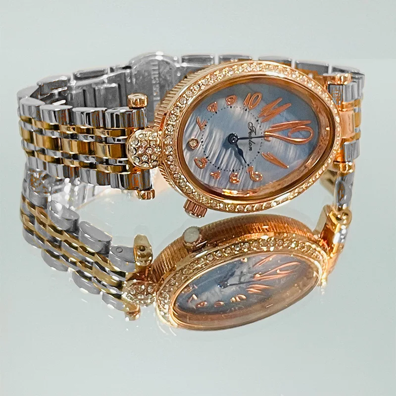 ساعة يد نسائية نسائية ماسية ذهبية من الفولاذ الذهب...