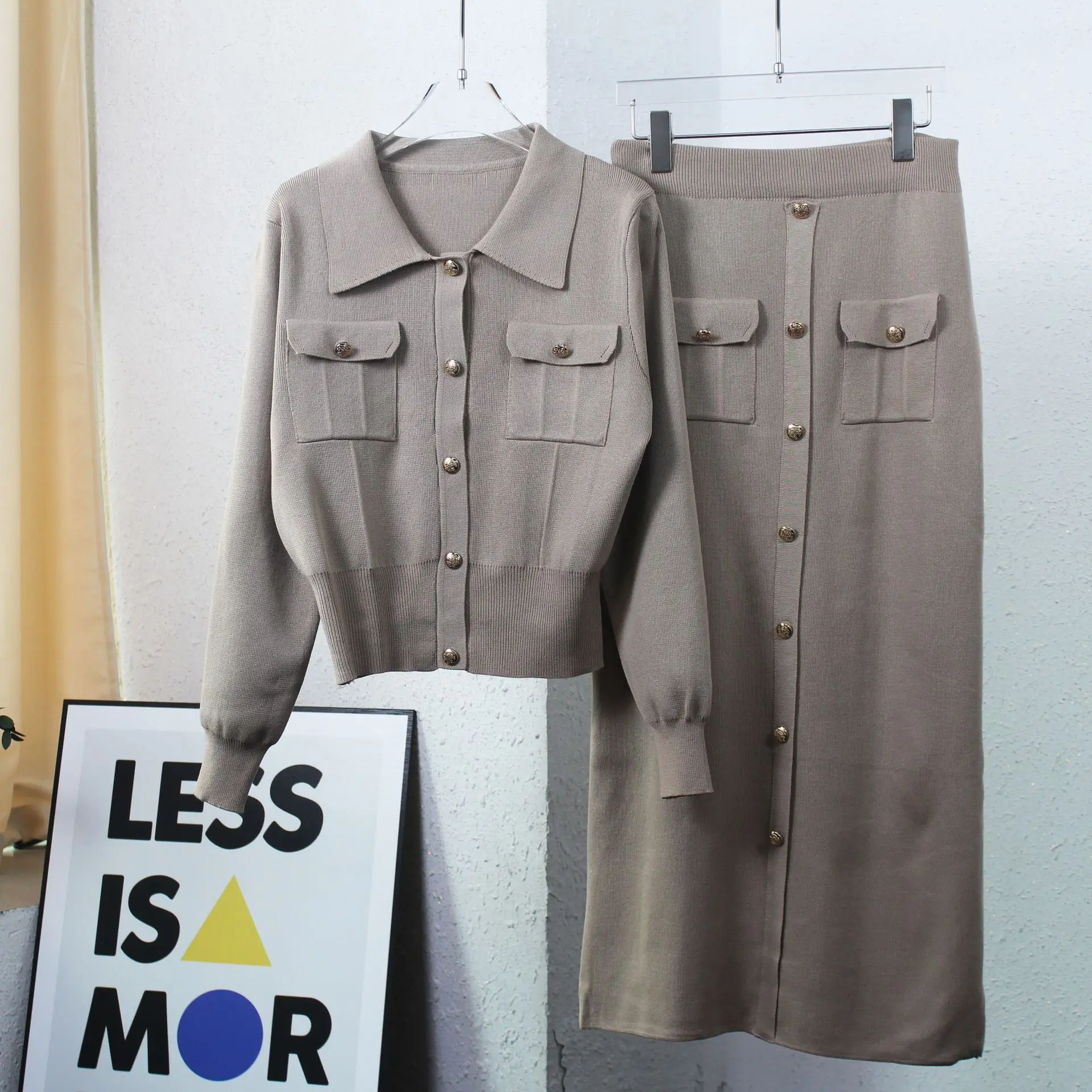 Conjunto de 2 piezas de punto con solapa y falda larga para mujer, moda de retazos, conjuntos ajustados de cintura alta, ropa de calle, conjuntos de falda larga de otoño para mujer