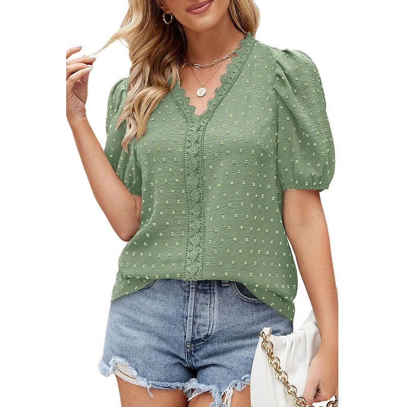 Women Clothing Lace Patchwork Solid Elegant Blouse Summer Fashion V Neck Short Sleeve Loose Shirt Female Casual Chic Tops Blusas
