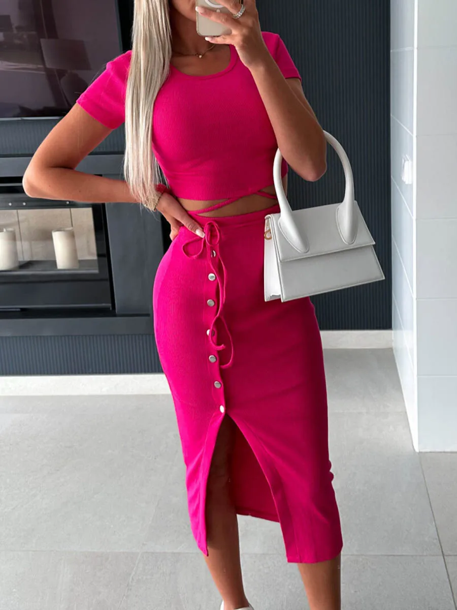 

Women 2 Piece Skirt Sets Sleevless Crop Top High Waist Skirt Matching Sets Bodycon Side Slit Midi Skirt Outfit Sets