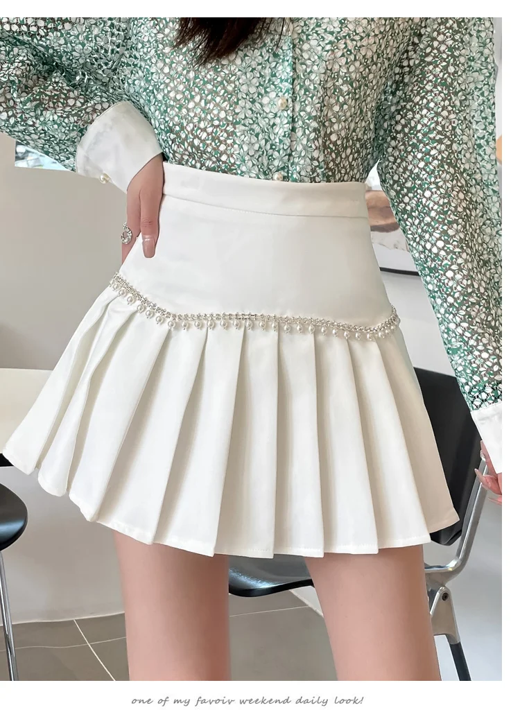 Beaded Pleated Skirts Women Mini Skirt Black White High Waist Slim A-Line Skirt Shorts Casual Zipper Spring Steetwear Korea N120 black maxi skirt